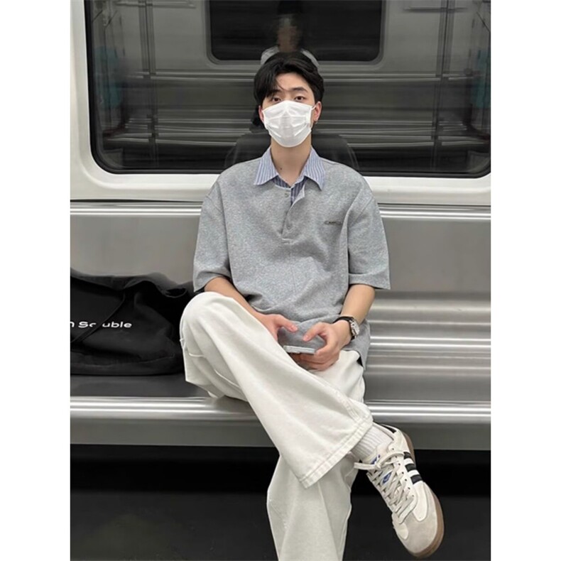 韩版时尚假两件短袖男士暖男穿搭小众氛围感T恤上衣翻领POLO衫潮,男装T恤,星座516A
