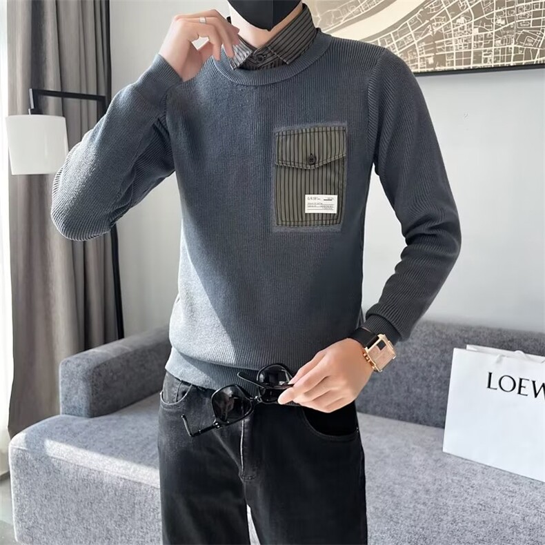 假两件毛衣男士秋季长袖打底衫修身气质潮牌男装针织衫S533-P60,男装针织衫/毛衣,星座1109-3