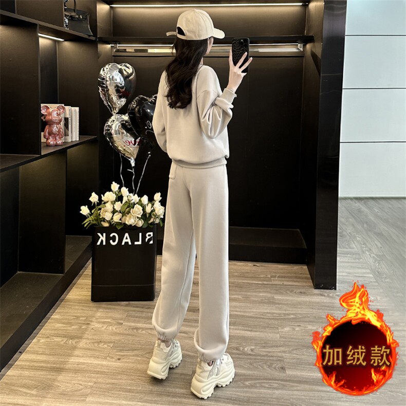 秋冬新款加绒宽松圆领卫衣两件套女休闲运动套装显瘦减龄时尚,女装套装/套裙,江南