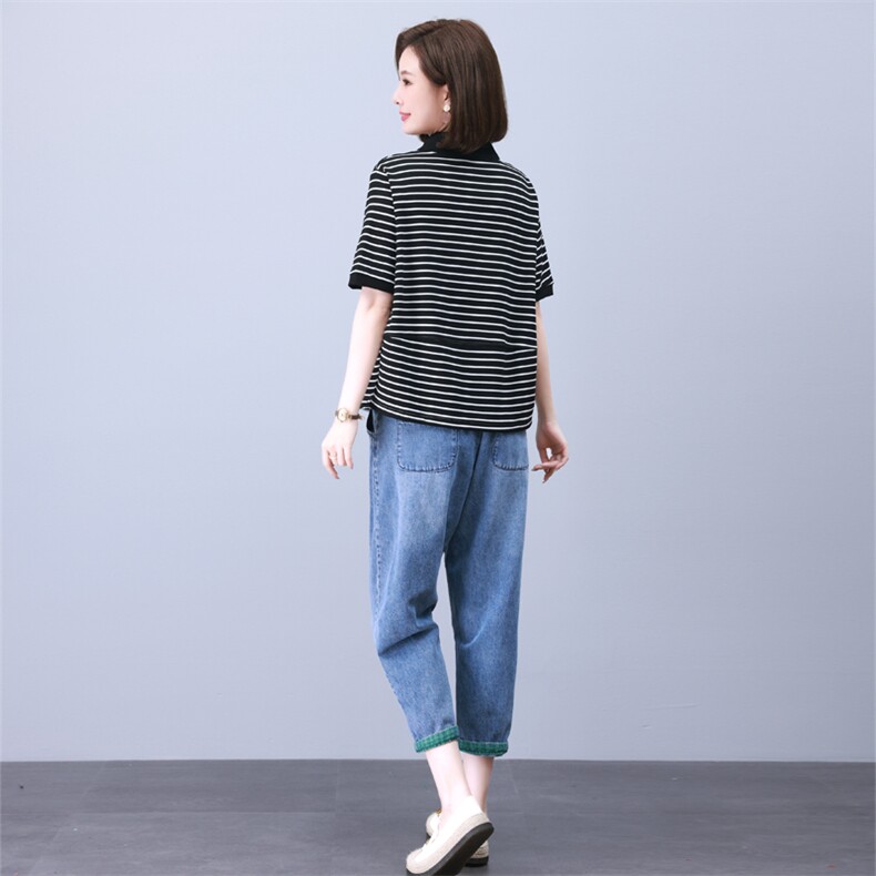 夏季T恤套装女2024年新款中年妈妈宽松时尚短袖休闲牛仔裤两件套,女装套装/套裙,叶笙衣