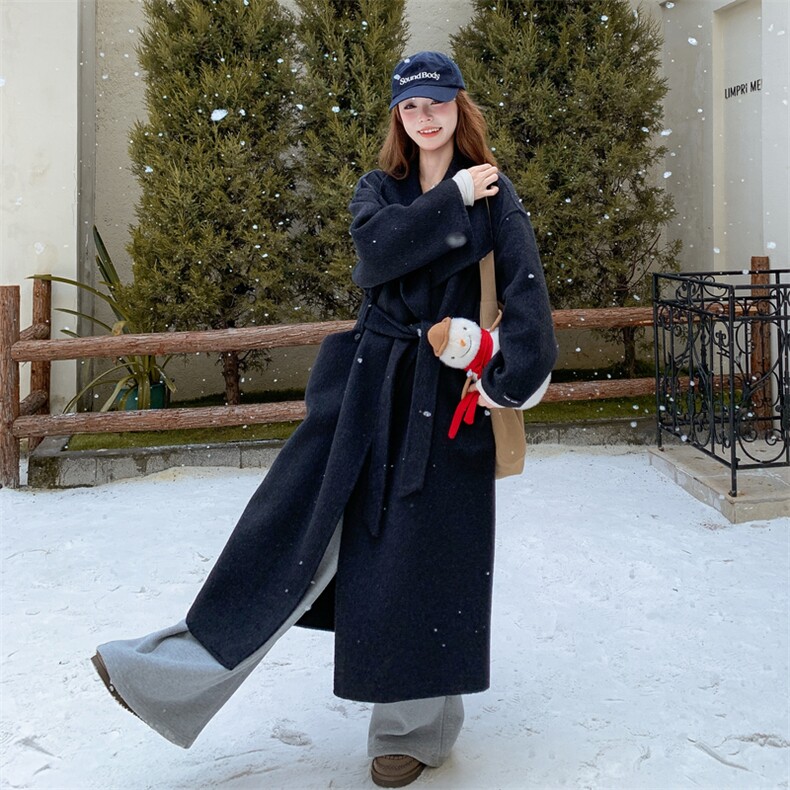 高级感双面羊绒大衣女冬季新款中长款韩版系带收腰毛呢外套老钱风图片