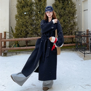 高级感双面羊绒大衣女冬季新款中长款韩版系带收腰毛呢外套老钱风图片