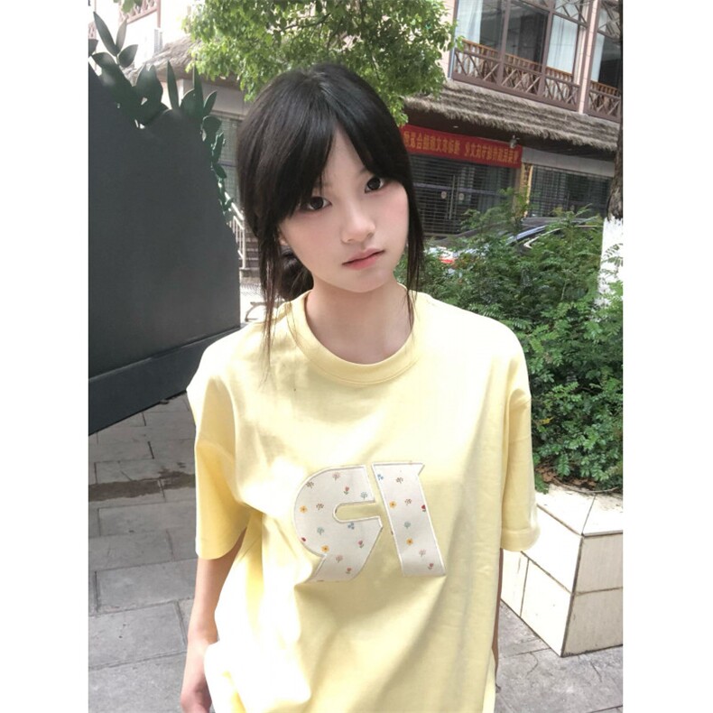 H0778-P35推荐#贴布刺绣230克纯棉休闲宽松肩短袖T恤,女装T恤,星座617A-2