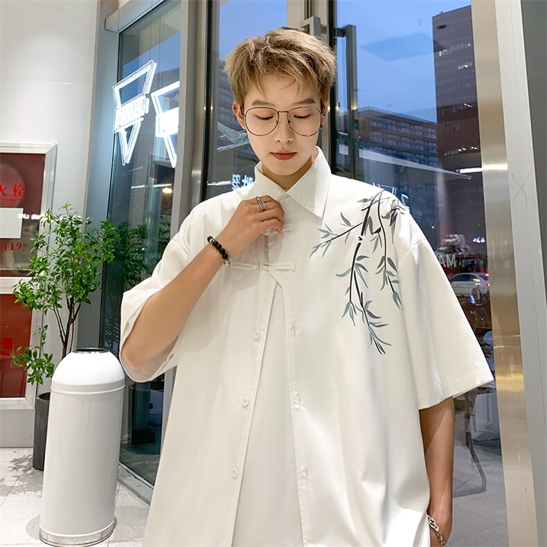 新中式冰丝港风休闲衬衫印花短袖XZ-907特P28无差价，男装衬衫，星座907