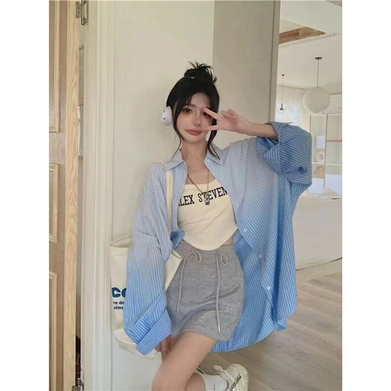 新款大码女装宽松渐变色条纹设计感休闲POLO领衬衫图片