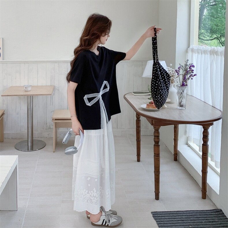 韩系穿搭一整套女2025夏季新款时尚气质蝴蝶结短袖上衣半身裙套装,女装半身裙,2D014