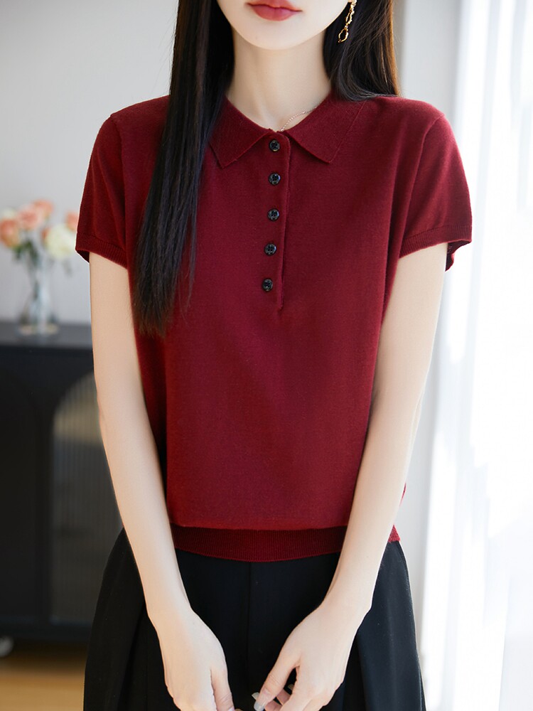 POLO翻领短袖针织T恤女2025夏薄款新款精纺薄款打底小衫t恤衫上衣,针织衫/毛衣,暖烁特种纱工厂店