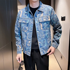 2025春季新款水洗男士牛仔夹克痞帅小伙个性提花印花图案外套，男装夹克，电商A225