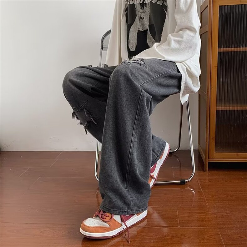美式街头水洗黑色牛仔裤男宽松直筒垂感裤秋冬季休闲裤AM732P45,男装牛仔裤,星座1013-5