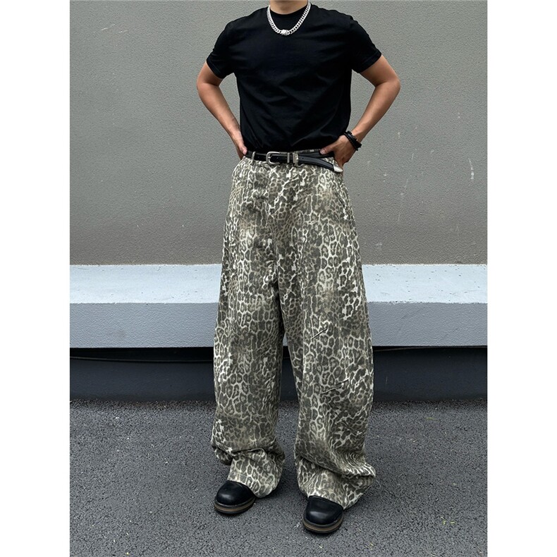 豹纹阔腿裤宽松低腰直筒裤美式复古风REVOLVE新款，男装休闲裤，星座813-2
