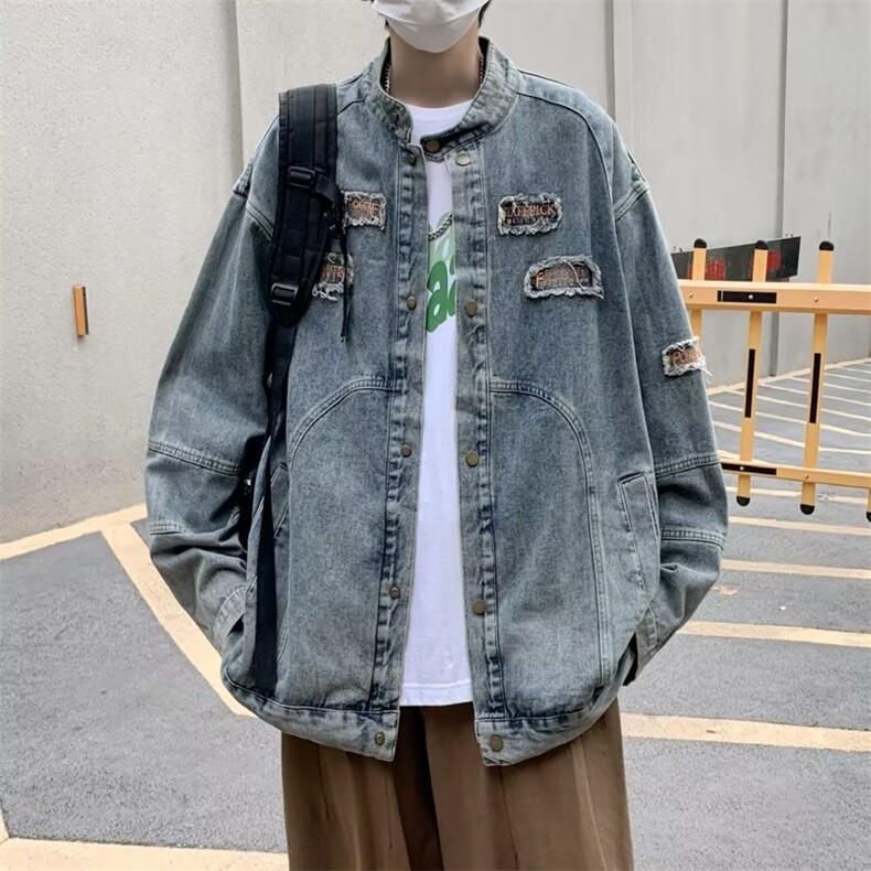 2023春秋新款宽松机车贴布绣水洗做旧牛仔外套女夹克上衣N2129,男装夹克,星座1116A-1（原606A）