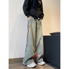 美式街头水洗条纹牛仔裤男宽松欧美高街vibe风长裤子NZ144-P50，男装牛仔裤，星座308B-2