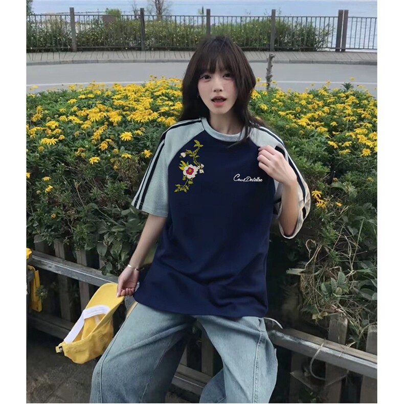 抖音得物品质二开240克宽松纯棉美式潮牌插肩三杠织带短袖T恤,男装T恤,电商A486
