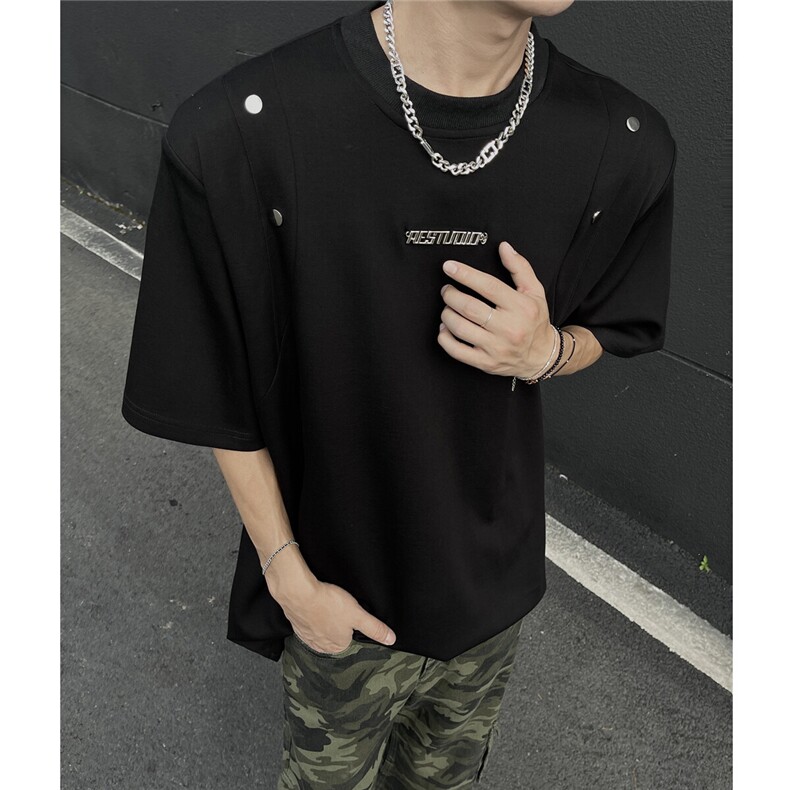 现货垫肩铆钉设计潮男纯色T恤A071-1335-P38,男装T恤,电商A071