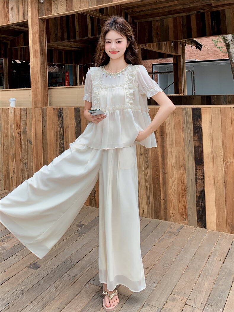 超仙时尚雪纺套装女2026夏新款半透减龄无袖木耳边阔腿裙裤两件套,女装套装/套裙,水衣源