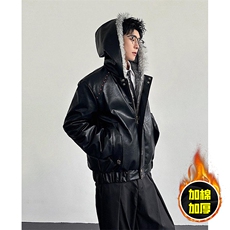 现货冬季美式潮牌痞帅PU皮机车服棉衣毛毛绒狼王座山雕皮棉服，男装棉衣，电商A486-1
