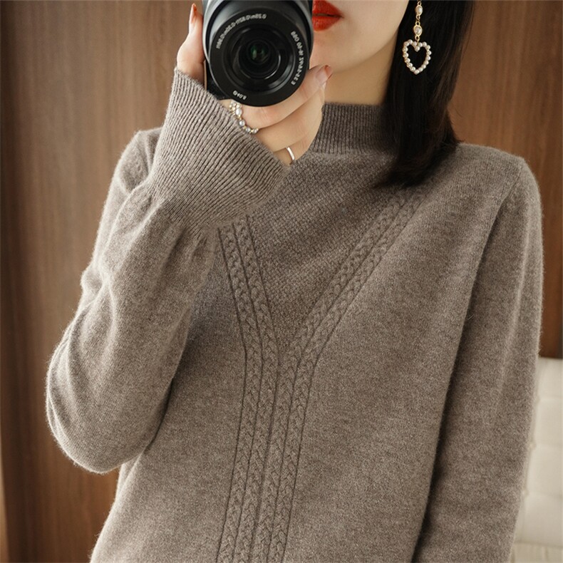 女式羊毛衫立体绞花羊毛纯色半高领，女装羊毛衫，开创羊绒