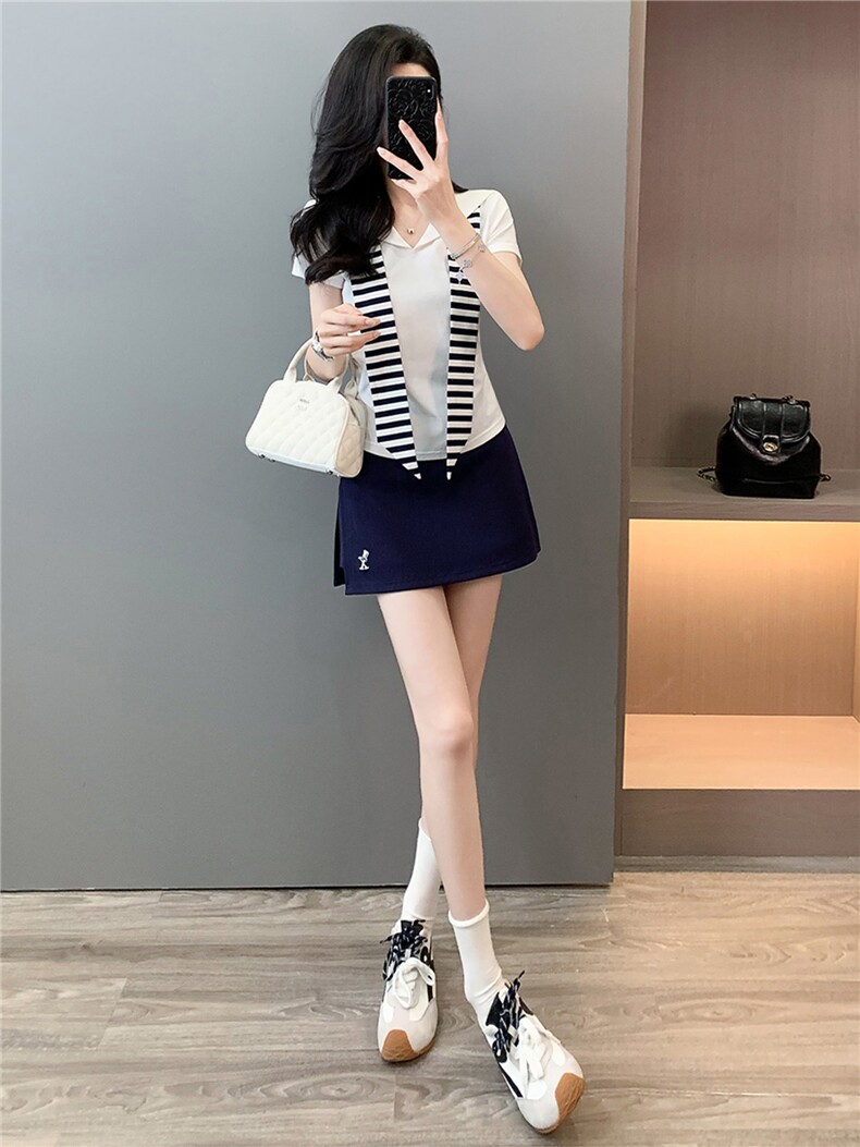 时尚运动套装裙女夏新款俏皮可爱蝴蝶结海军领短袖上衣裤裙两件套,女装套装/套裙,江南