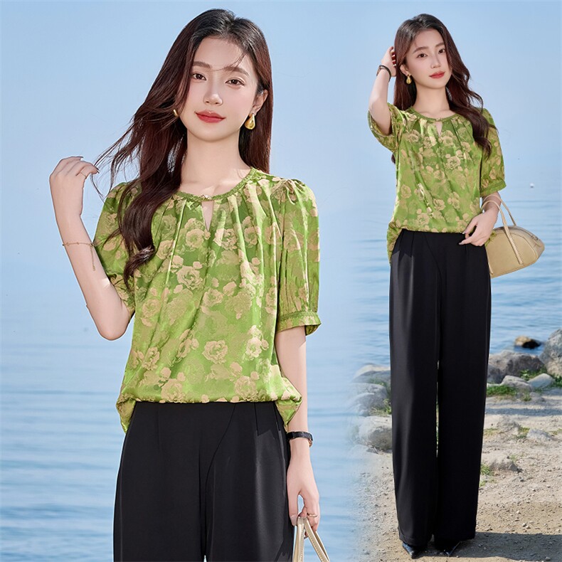 2025夏装法式通勤洋气圆领衬衣气质垂感直筒百搭阔腿裤两件套，女装套装/套裙，时尚俏佳人