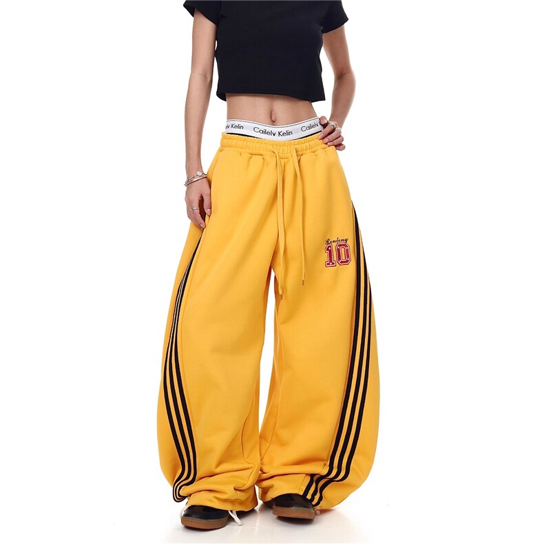 撞色三条杠条纹阔腿休闲裤女2025秋季新款宽松运动卫裤MKB631P42，男装休闲裤，星座1013-5