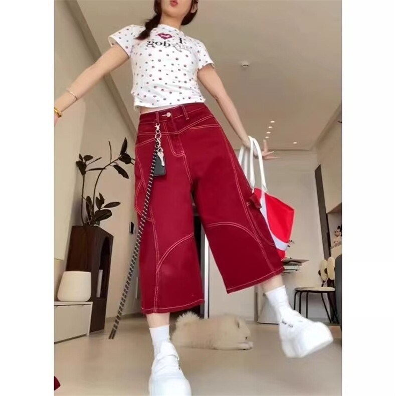 美式高街明线解构牛仔七分裤女夏季宽松百搭多口袋工装直筒中裤子,男装牛仔裤,星座506A