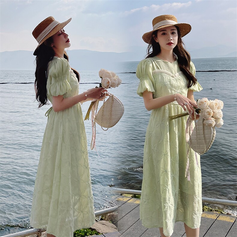 现货。2023年清新优雅浪漫修身显瘦束腰提花连衣裙,女装连衣裙,艾仟回(原伊仟回)