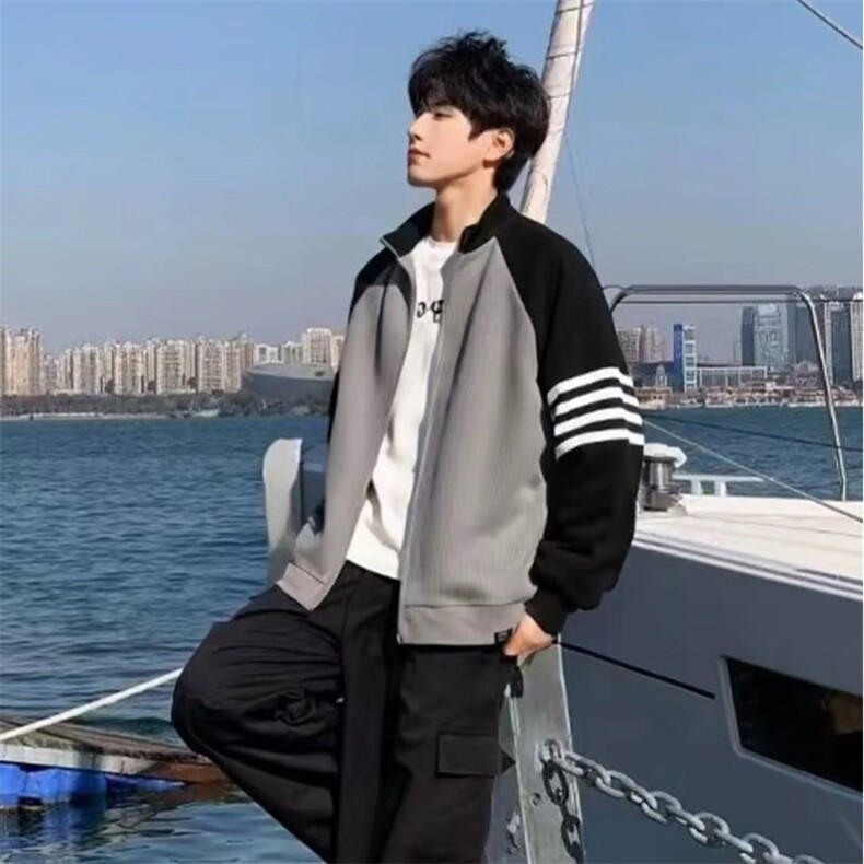 重磅秋冬北极绒开衫毛衣美式复古休闲慵懒风撞色立领针织衫外套，男装针织衫/毛衣，电商A486-1