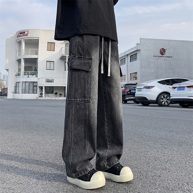 【现货】秋季新款美式复古工装口袋拼接宽松阔腿裤牛仔男816-P50,男装牛仔裤,星座1006