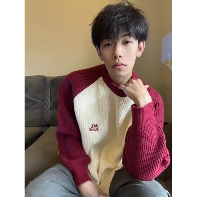潮流日系原宿慵懒新款精致感小立领彩色条纹休闲宽松长袖T恤上衣,男装T恤,星座506A