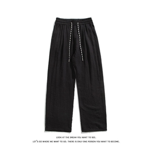 夏季亚麻透气简约纯色抽绳松紧腰宽松阔腿休闲长裤K8626-特价40图片