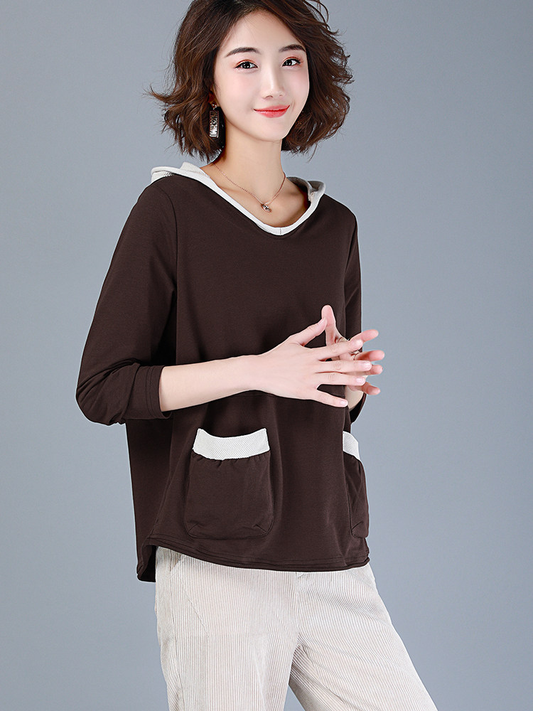 卫衣/绒衫2021年秋季连帽长袖时尚套头休闲纯色百搭，女装卫衣/绒衫，深水步