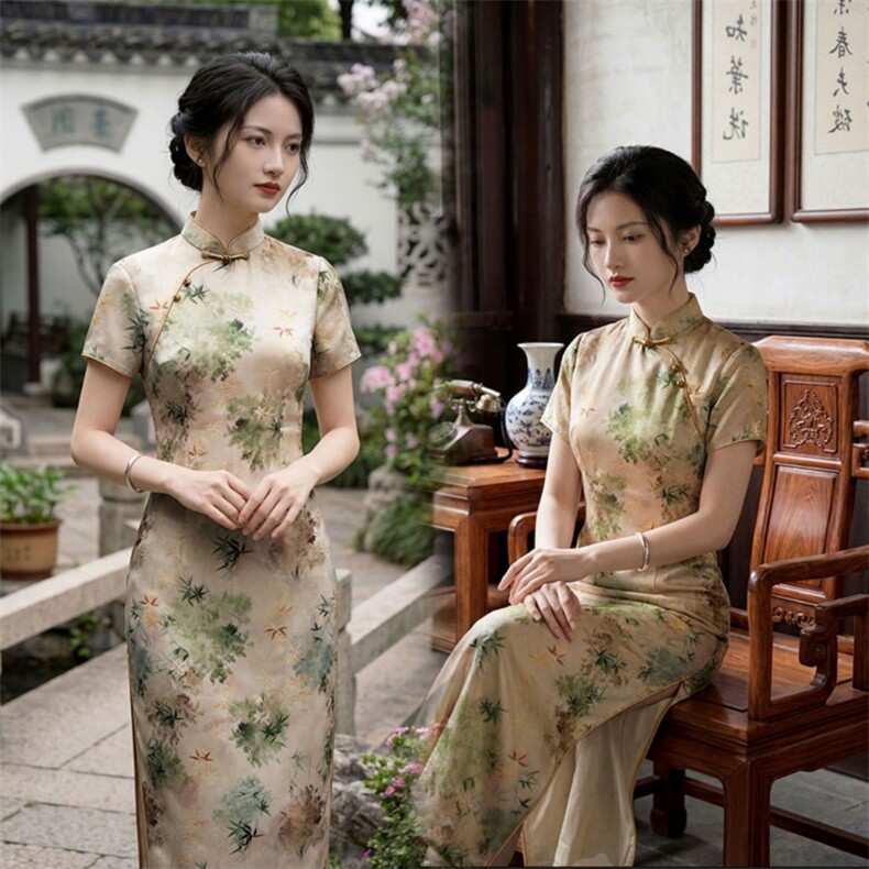 2026年夏季新品时尚气质金丝提花香云纱品质真丝喜庆中长款旗袍裙，女装汉服/婚纱/旗袍/礼服，媚琳依坊