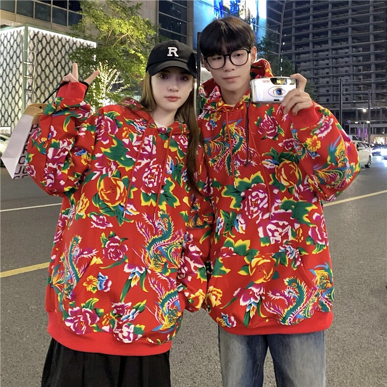W204秋新男女团队服大花连帽卫衣外套潮民族特色花卫衣情侣装中式,男装民族服装,星座115A(原星座507）