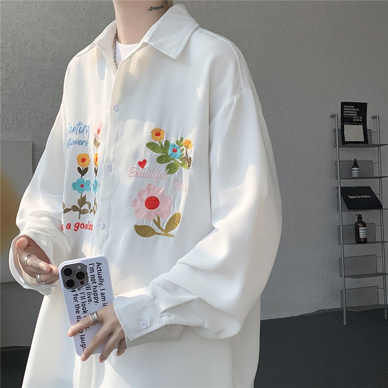 现货CS7186-P42特控78大码立体花卉刺绣华夫格长袖衬衫,男装衬衫,电商D232
