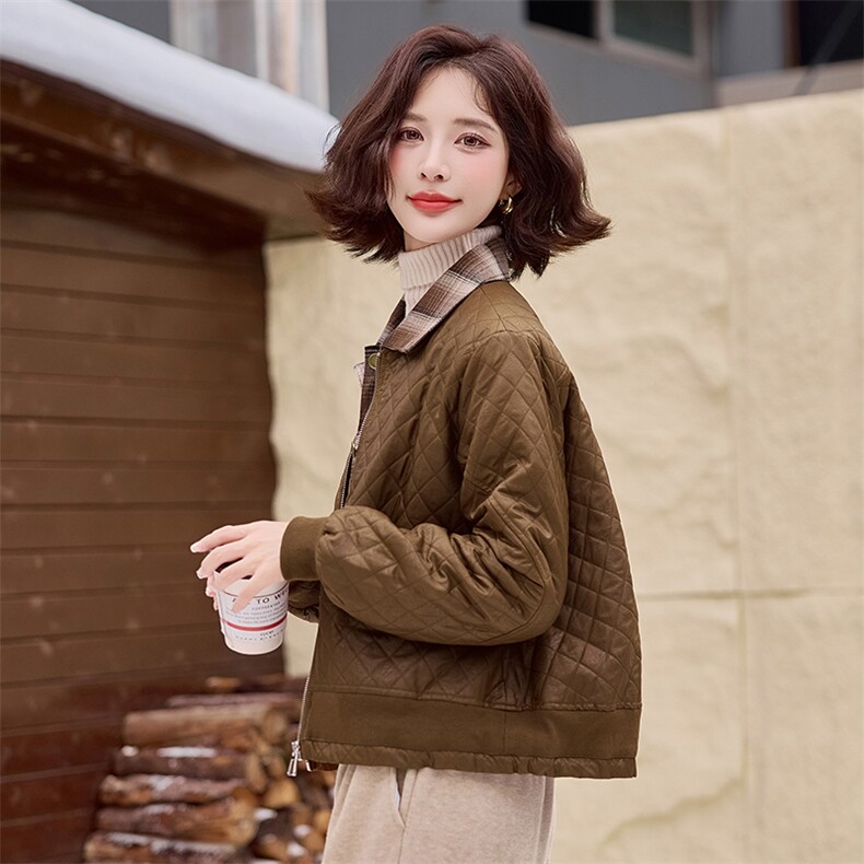 2024冬装新款假两件格子领夹棉短外套,女装棉衣/棉服,梦芯尔