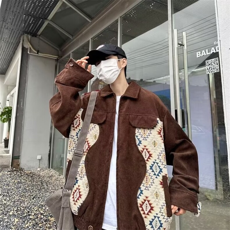 美式潮灯芯绒拼接翻领夹克男秋季宽松情侣百搭休闲外套个性WT533,男装夹克,星座1116A-1（原606A）