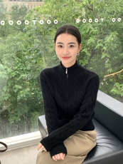复古咖色立领麻花毛衣女秋冬季加厚慵懒老钱风半拉链针织衫，女装针织衫/毛衣，玛卡隆羊绒