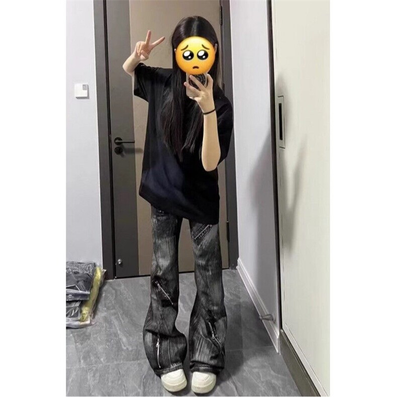 美式复古重磅水洗拉链微喇扎染牛仔裤男高街vibe直筒宽松休闲长裤,男装牛仔裤,星座601-1