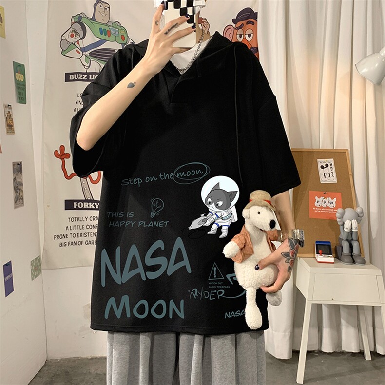 LD54187-P45NASA联名同款连帽短袖t恤男大码胖子带帽五分袖海报风,男装T恤,电商A040