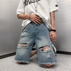 夏季牛仔短裤男破洞美式复古潮牌港风宽松五分裤休闲裤D3110-P33，男装牛仔裤，星座1109-3