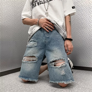 夏季牛仔短裤男破洞美式复古潮牌港风宽松五分裤休闲裤D3110-P33图片