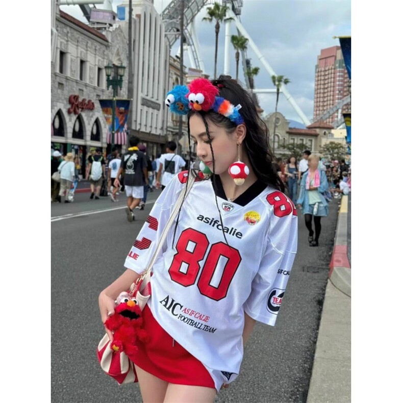 夏季新款设计感小众美式复古印花宽松短袖球衣T恤街头运动休闲T恤图片