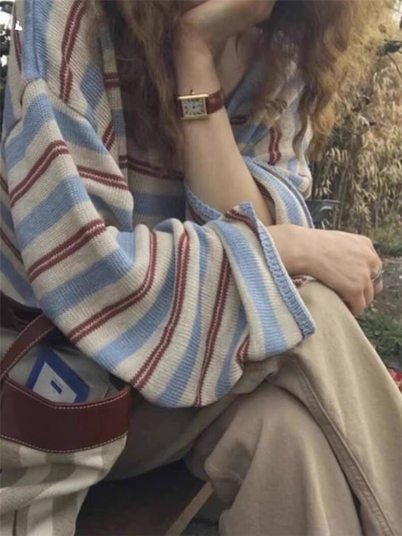女装高级感气质减龄撞色条纹V领针织衫天丝麻材质,针织衫/毛衣,织己羊绒