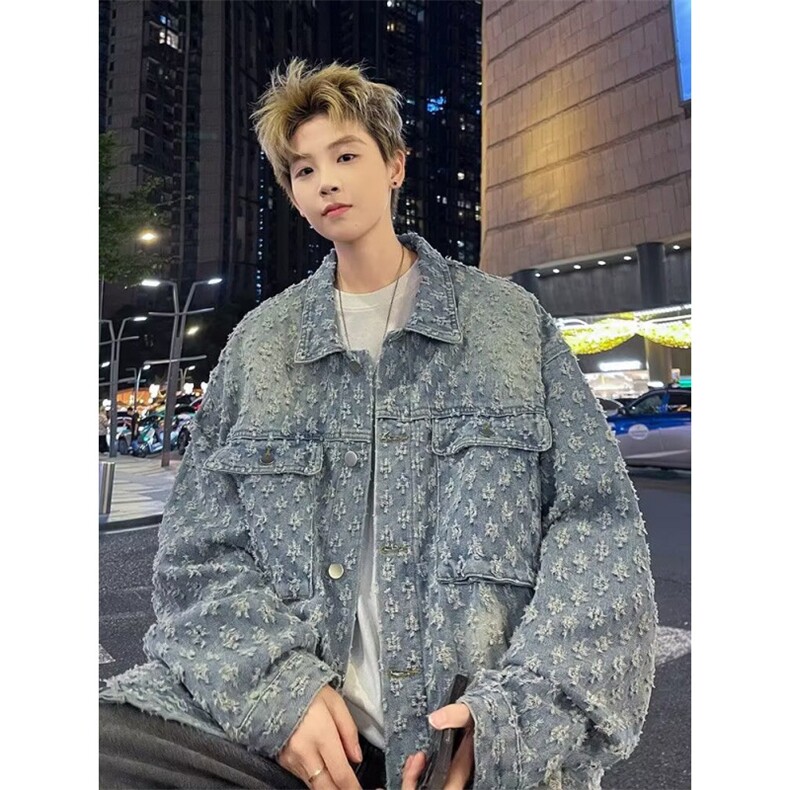 J337提花牛仔夹克男新款休闲美式翻领外套开衫棒球服上衣,男装工装外套,星座308A-1（原309B-1）