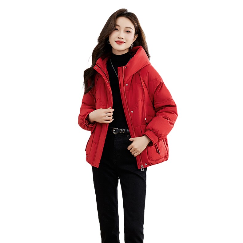 连帽羽绒服女2025年冬季新款加厚保暖宽松显瘦大红色过年喜庆外套,女装羽绒服,蓝朵琳