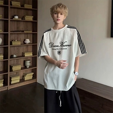 抖音得物品质二开240克宽松纯棉美式潮牌印花三条杠中性风短袖T恤，男装T恤，电商A486-1