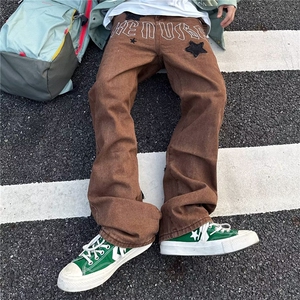 冬季潮流男直脚宽松直筒水洗长裤印花牛仔裤刺绣NB31P55图片
