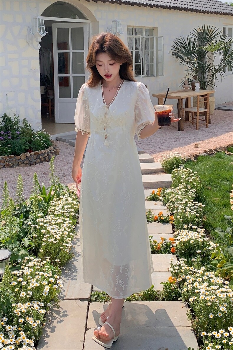 刺绣连衣裙夏季法式粉色碎花裙小众泡泡袖甜美长裙显瘦气质复古,女装连衣裙,浙宝208A