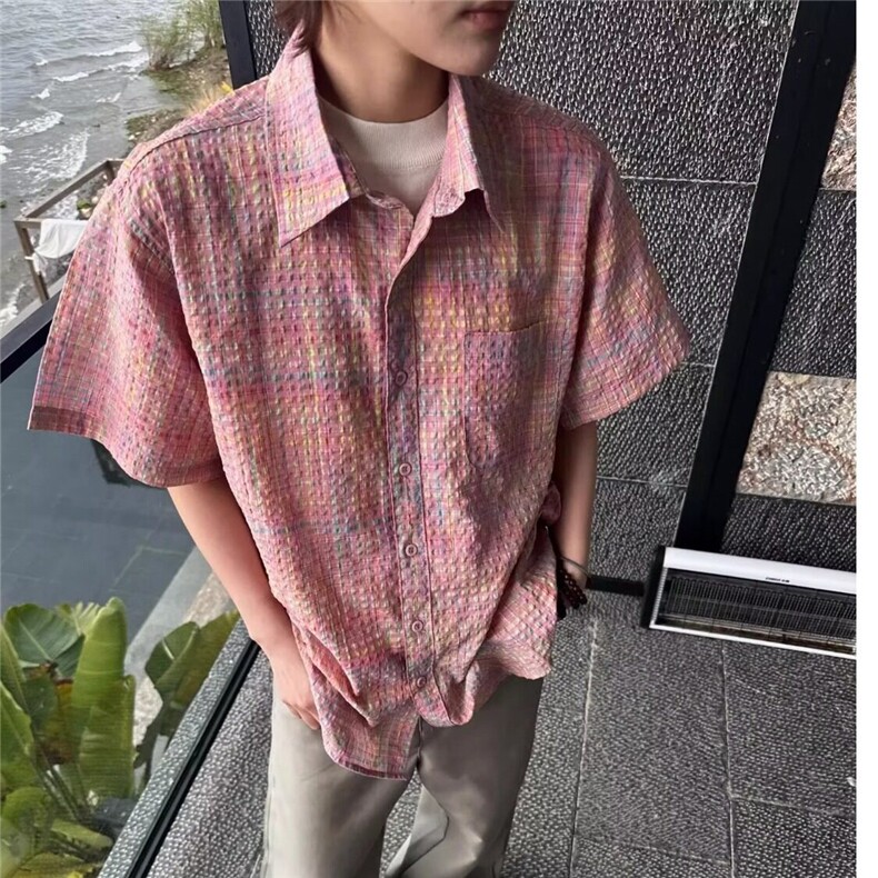 粉色泡泡格子休闲短袖衬衫潮牌复古撞色宽松翻领外套男痞帅衬衣潮图片