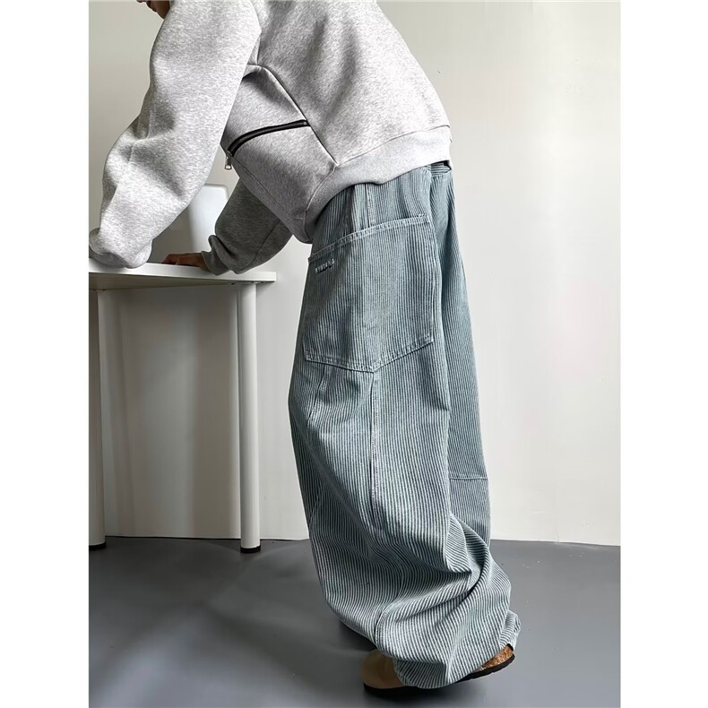 竖条纹高街牛仔裤男女韩版潮流痞帅气2024冬季ins长裤RK2336-P56，男装牛仔裤，星座412-2